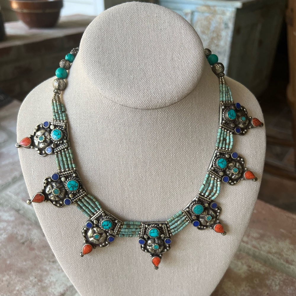 Antique Turquoise, Red Coral, Lapis, Sterling Silver Neclace